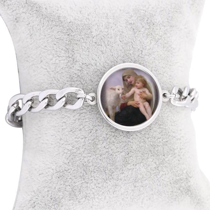 Our Lady Madonna And Child With Lamb Curb Bracelet Gold or Silver tone Religious Jewelry Simple Chain