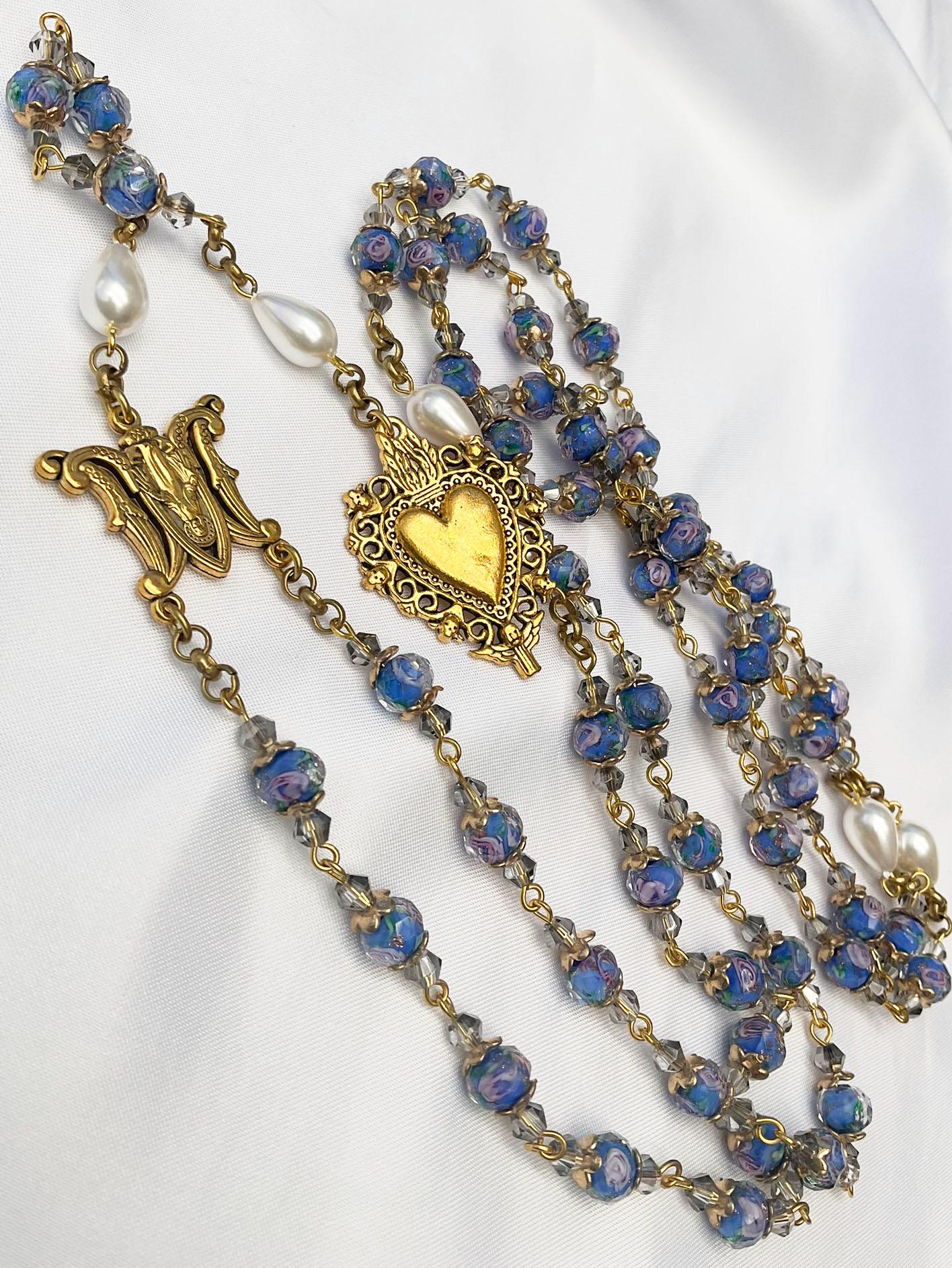 Rosary Immaculate Mary Blue Lampwork Beads Gold Tone Sacred Heart with Pearls Drops