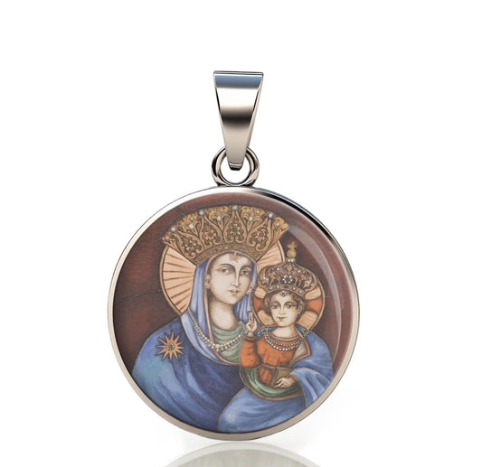 Our Lady Della Strada 925 Sterling Silver Round Pendant Christian Religious Medal Small 20mm