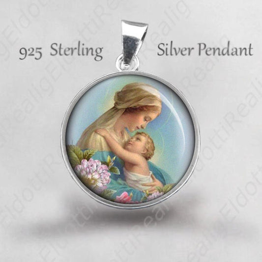 Mother Mary w Baby Jesus Religious Christian Medal. Virgin Mary 925 Sterling Silver Pendant