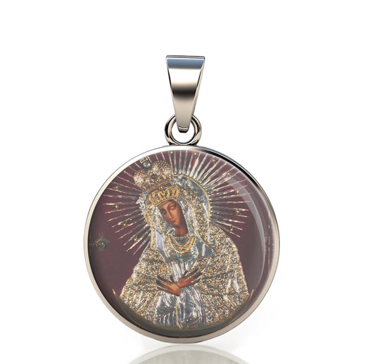 Our Lady Black Madonna De Vilnius 925 Sterling Silver Round Pendant Christian Religious Medal Small 20mm