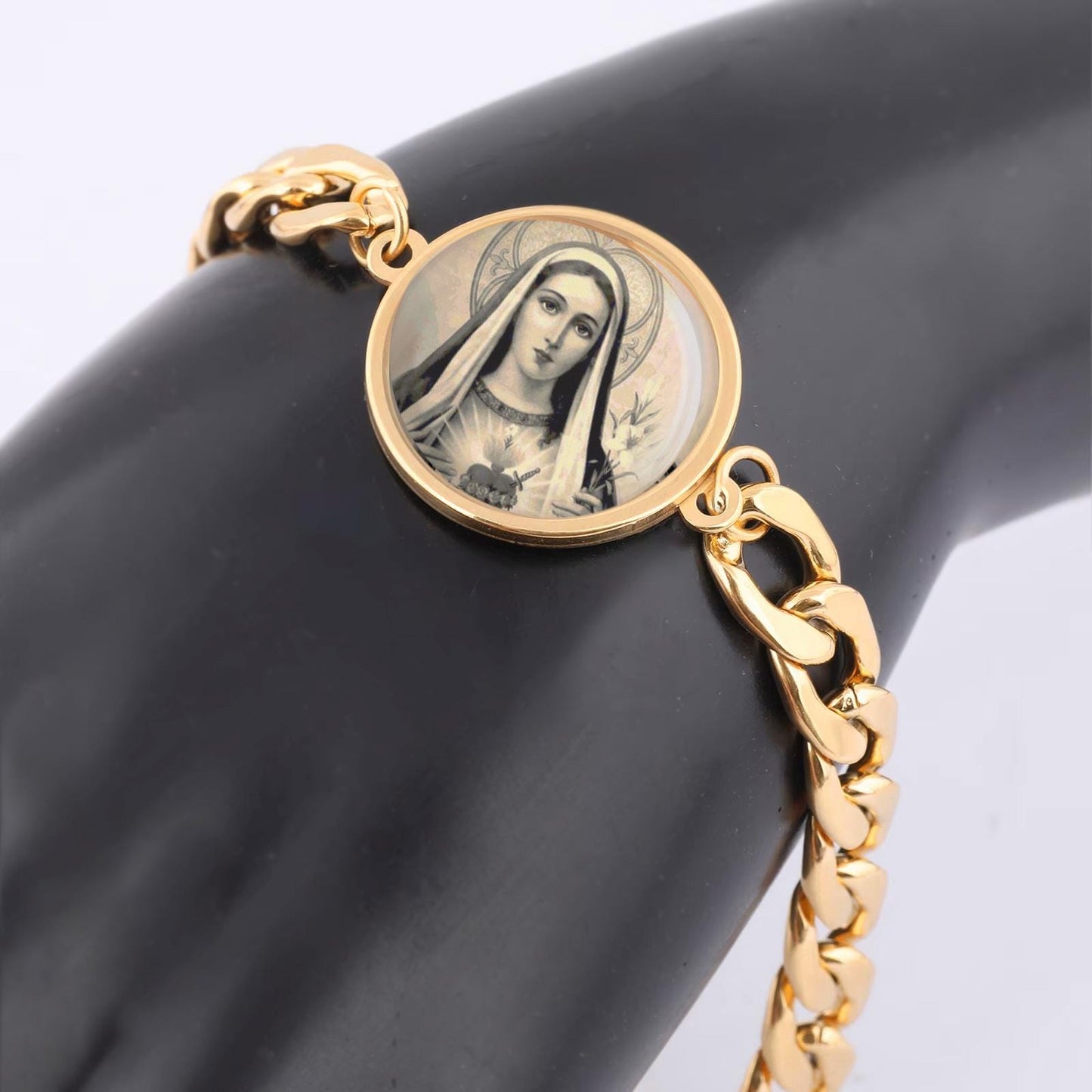 Our Lady Immaculate Heart Of Mary Curb Bracelet Gold or Silver tone Religious Jewelry Simple Chain