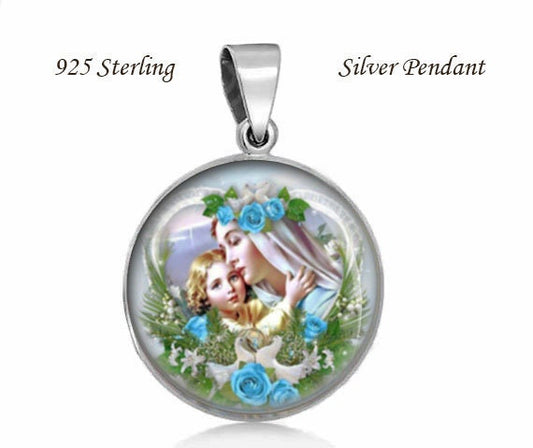 Mother Mary w Baby Jesus Blue Roses and Doves Religious Christian Medal. Virgin Mary 925 Sterling Silver Pendant