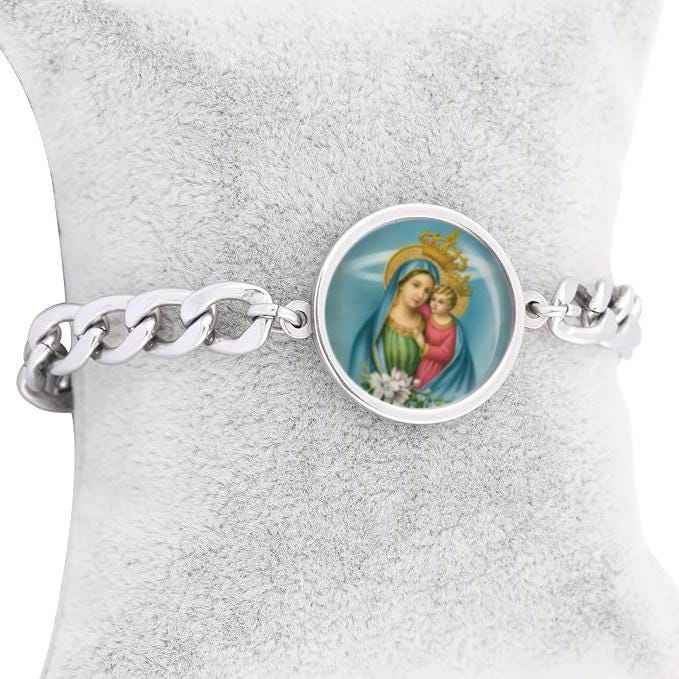 Our Lady of Consolation Curb Bracelet Gold or Silver tone Religious Jewelry Simple Chain