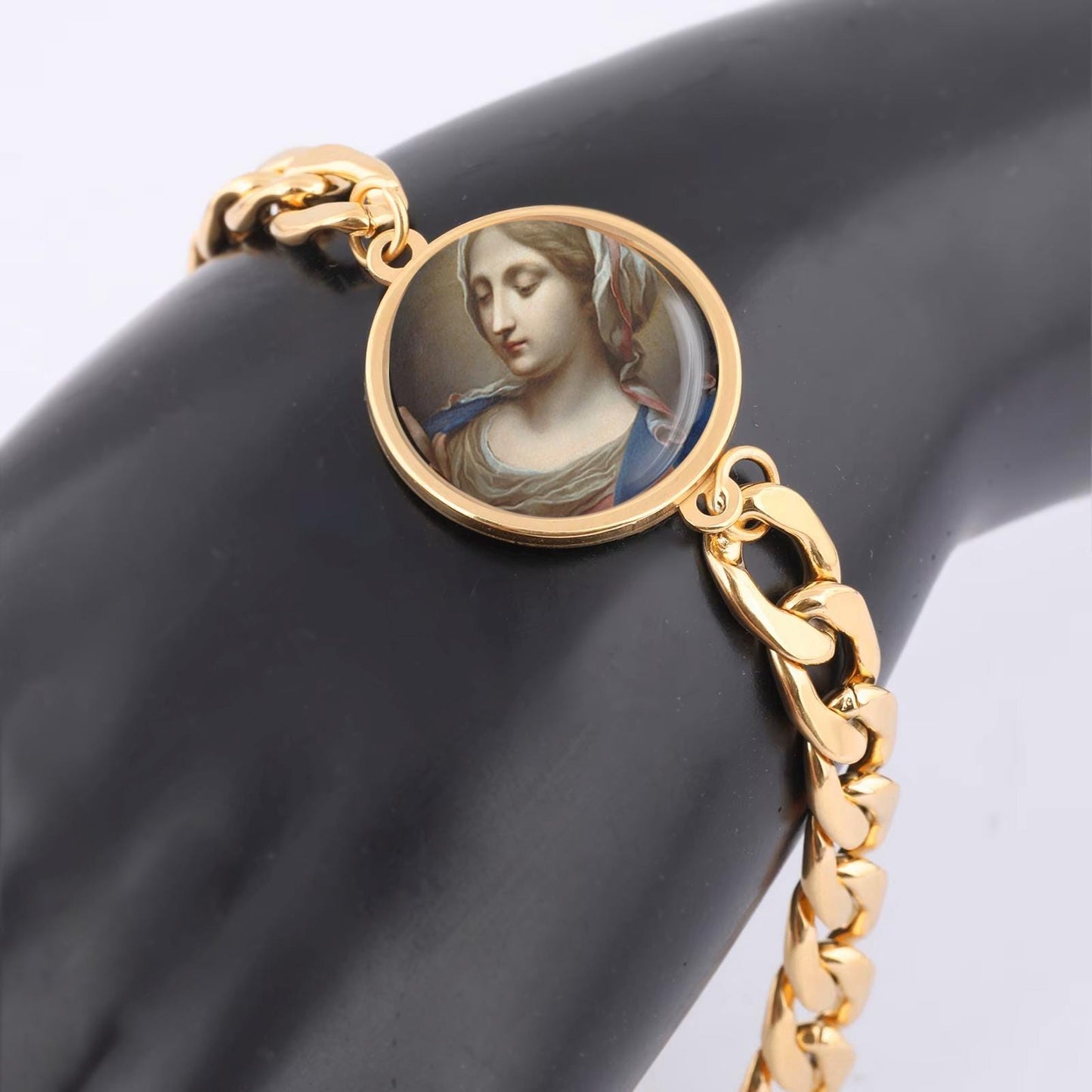 Our Lady Virgin Annunciate Curb Bracelet Gold or Silver tone Religious Jewelry Simple Chain