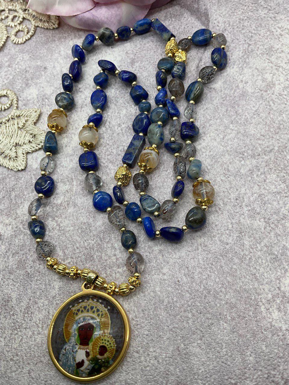 Our Lady of Czestochowa Necklace — Lapis Lazuli Beaded Necklace with Gray Glass, Black Madonna Catholic Jewelry, Handmade Religious Necklace