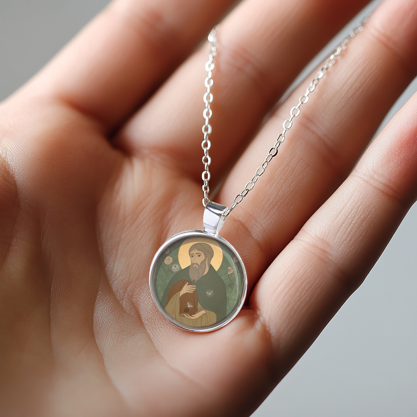 St. Modomnoc Patron Of Bees Necklace Catholic Saint Pendant Medal image 3