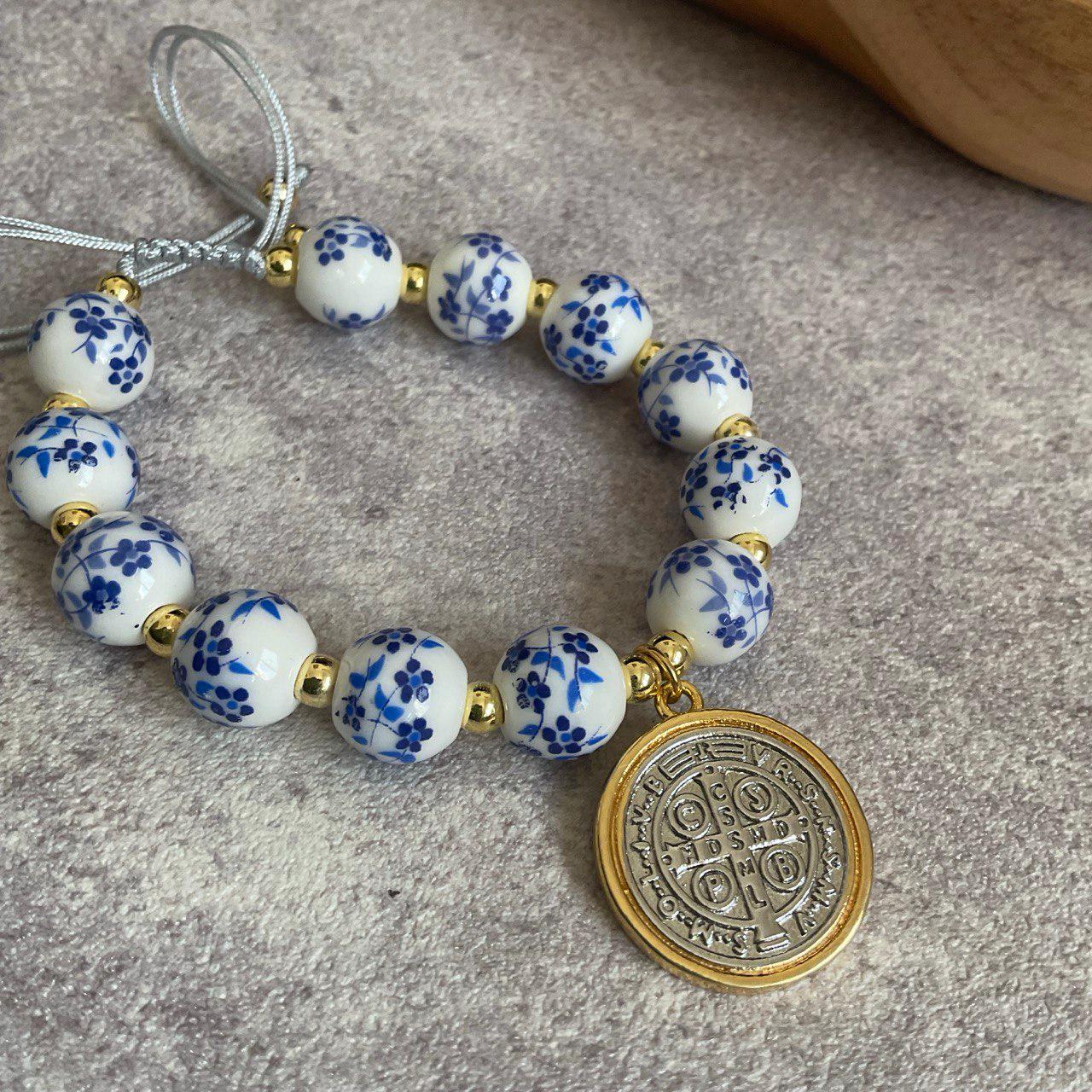 Saint Benedict Pendant Charm Bracelet - Porcelain Beaded Catholic Bracelet, Blue and White Floral Design, Adjustable Cord 18K Gold Plated