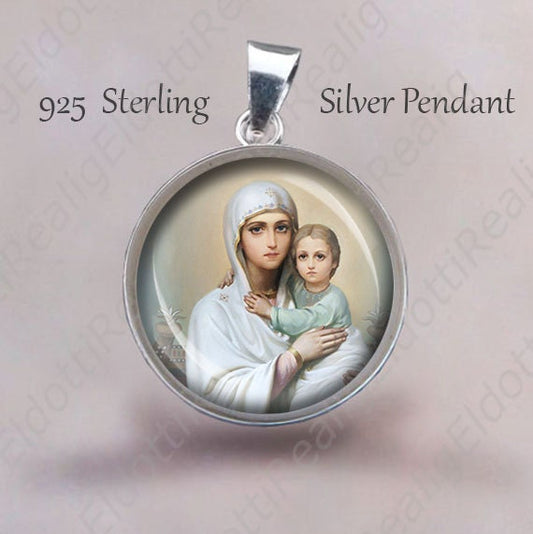 Mother Mary with Baby Jesus Religious Christian Medal. Sterling Silver 925 Mother Love Christian Pendant 20mm Jewelry Round Medal NEW