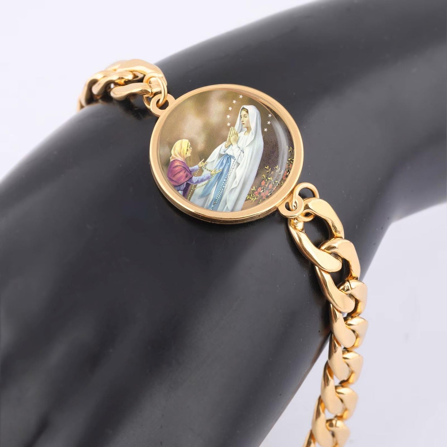 Our Lady Lourdes Curb Bracelet Gold or Silver tone Religious Jewelry Simple Chain