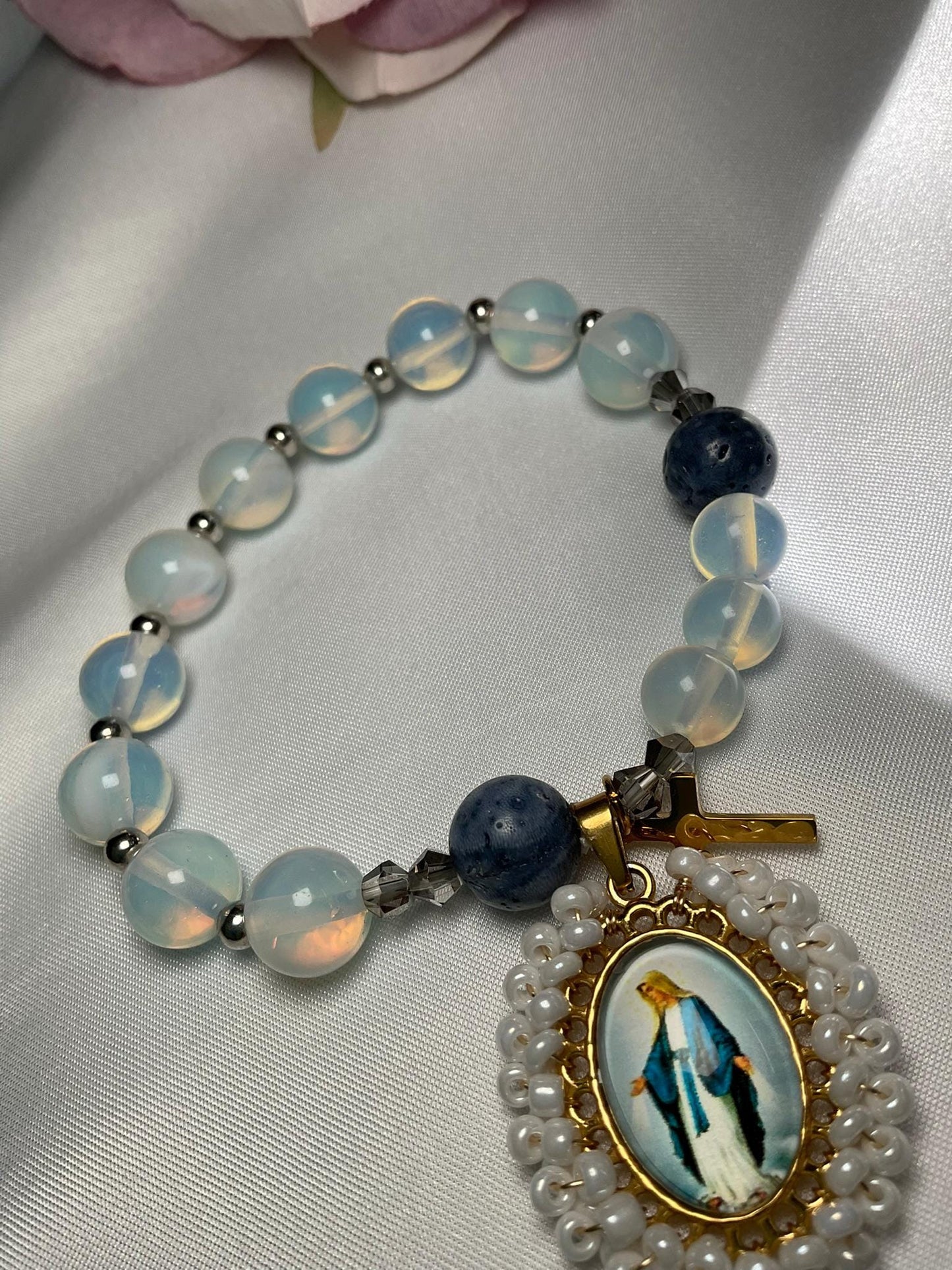 Rosary bracelet Decade Catholic Our Lady of Grace medal and Cross - Blue Coral and Opalite Beads