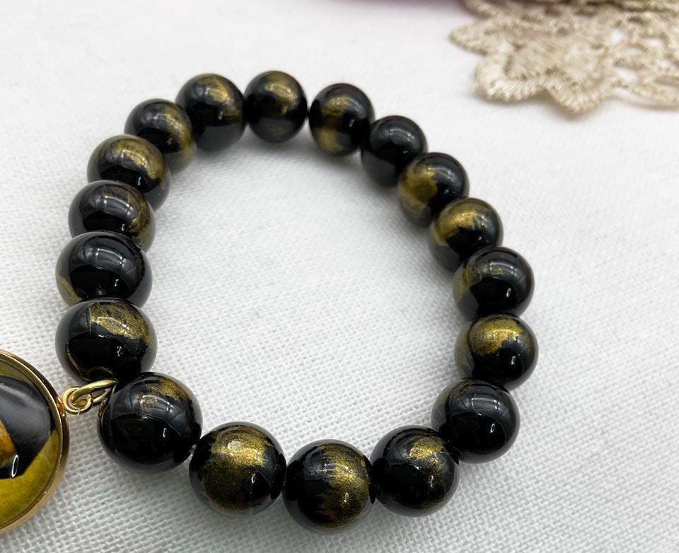 St Charbel Catholic Stretch Bracelet Black and Gold Lapis Lazuli Jades Beads