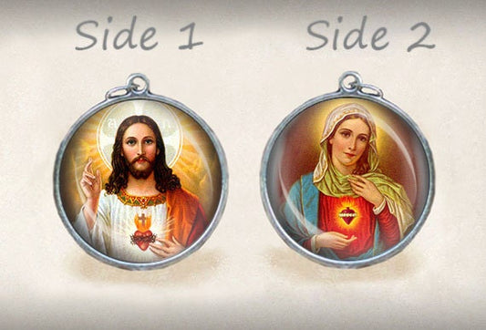 Sacred Heart Jesus and Mother Mary - Catholic Medal. Pendant / Charm Double Sided 1 Inch.