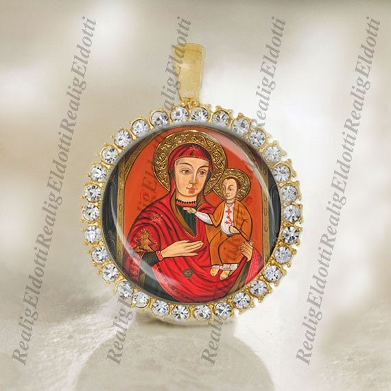 Theotokos Icon of Mariapocs Moher Mary Religious Christian Gold Medal Cabochon