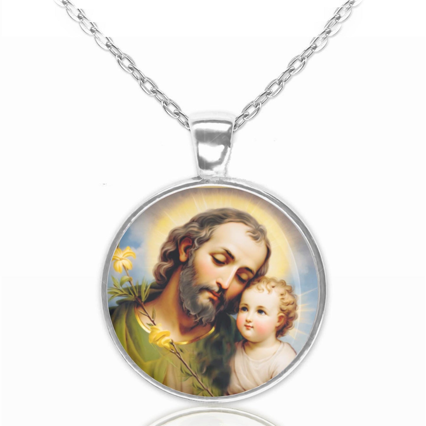 Saint Joseph with baby Jesus Necklace Medal Religious Pendant Charm