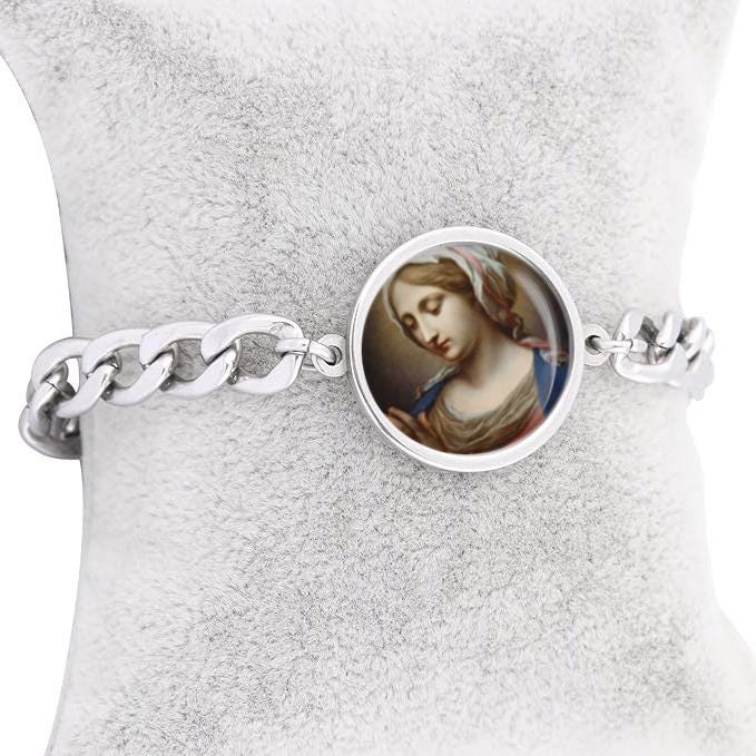 Our Lady Virgin Annunciate Curb Bracelet Gold or Silver tone Religious Jewelry Simple Chain