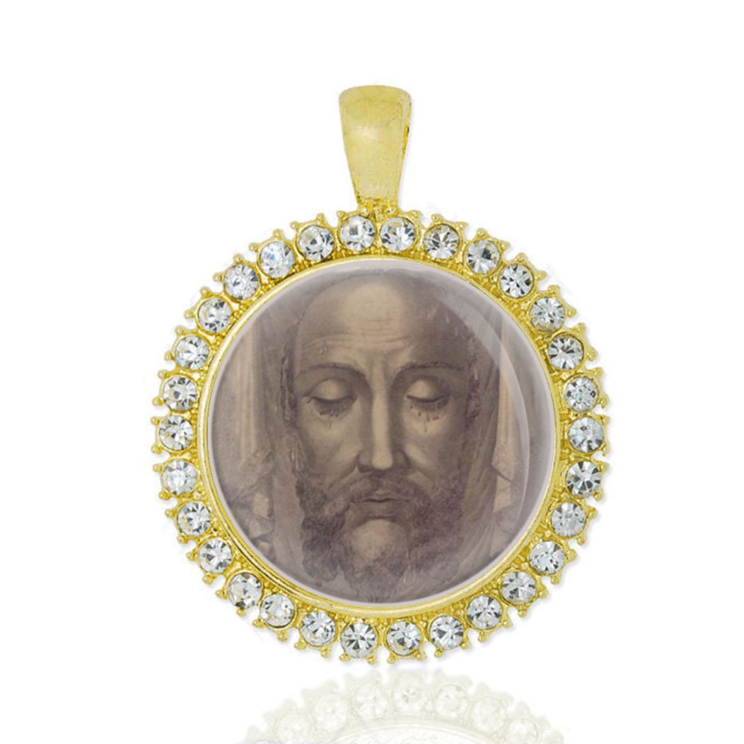 Devotion to the Holy Face of Our Lord Jesus Christ Gold tone Rhinestones Pendant