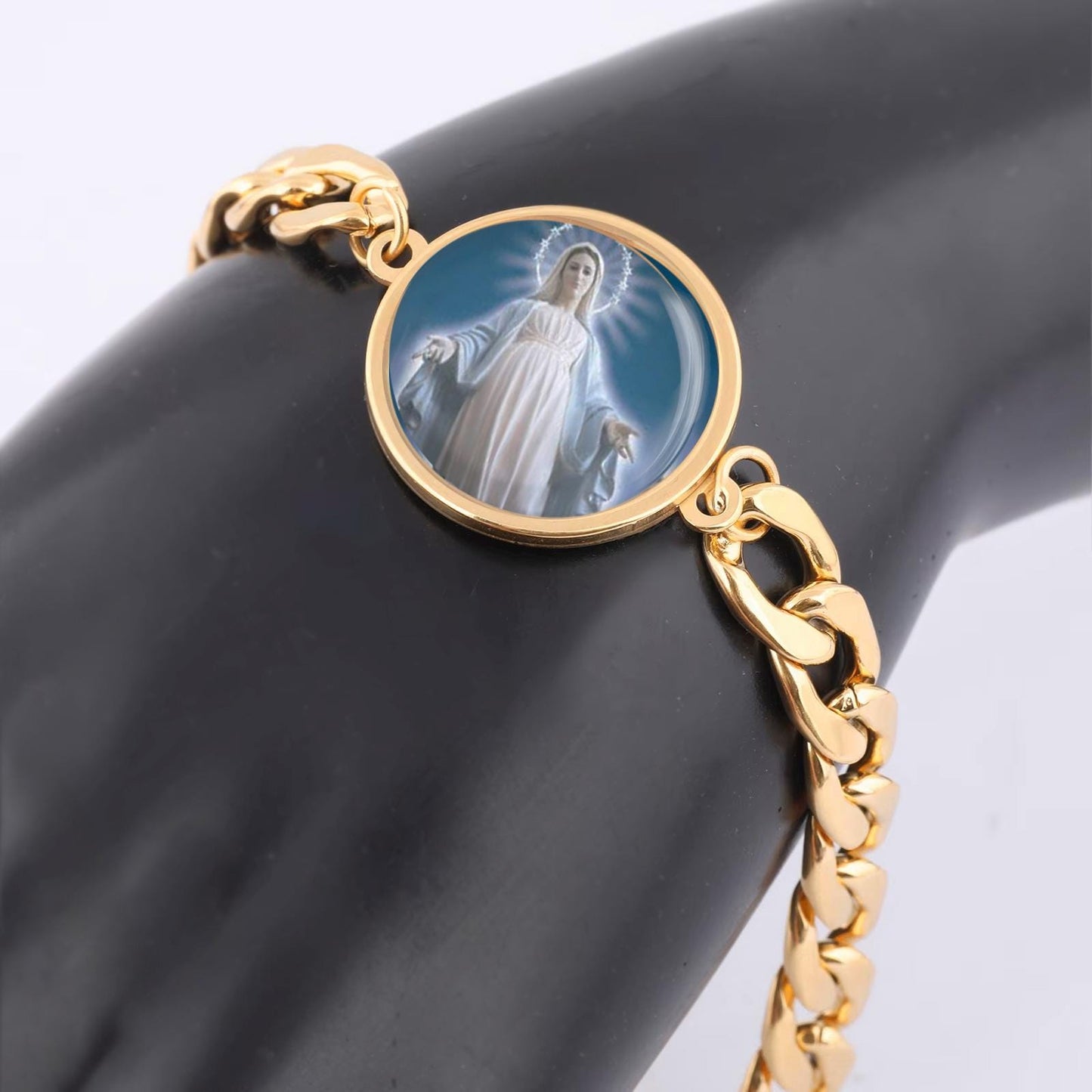 Our Lady Medjugorje Mary Mary Curb Bracelet Gold or Silver tone Religious Jewelry Simple Chain