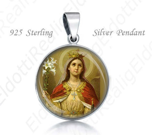 St Catherine of Alexandria Sterling Silver Pendant. Saint Catherine of the Wheel Catholic 925 Silver Medal Round 20mm Patron Saint