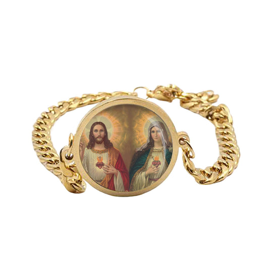 Our Lady Immaculate And Sacred Heart Jesus Curb Bracelet Simple Chain
