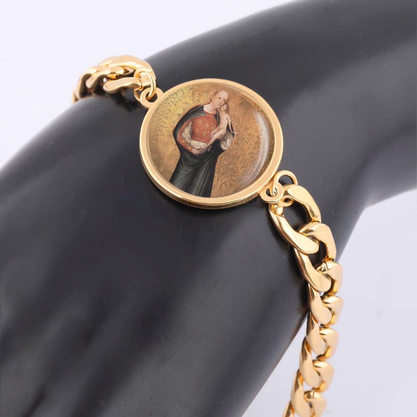 Our Lady Apocalypse Mary Curb Bracelet Gold or Silver tone Religious Jewelry Simple Chain