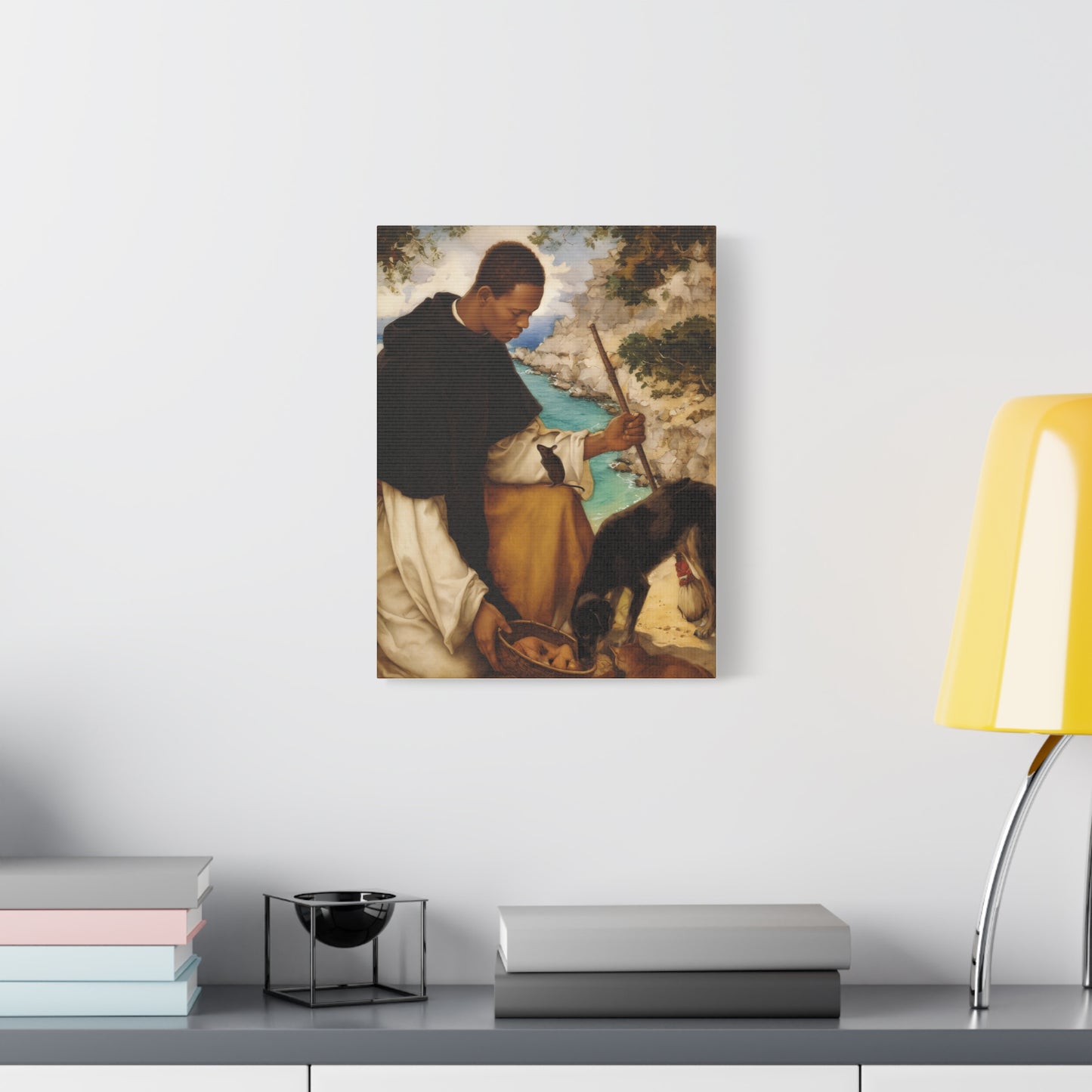 Ready To Hang - St. Martin de Porres with Mouse and Dog Catholic Canvas Wall Art - Christian Decor