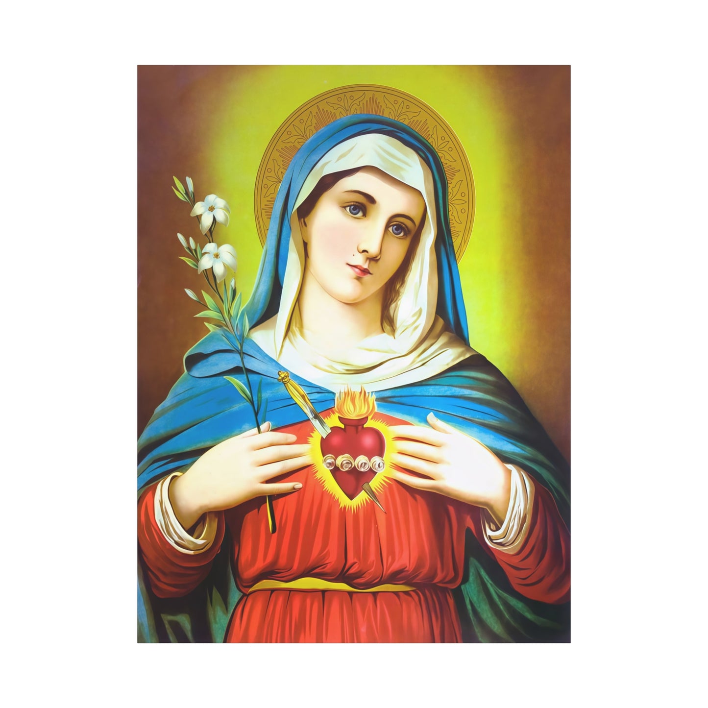 Ready To Hang - Mother Mary Immaculate Heart and Lilies Catholic Canvas Wall Art, Christian Decor