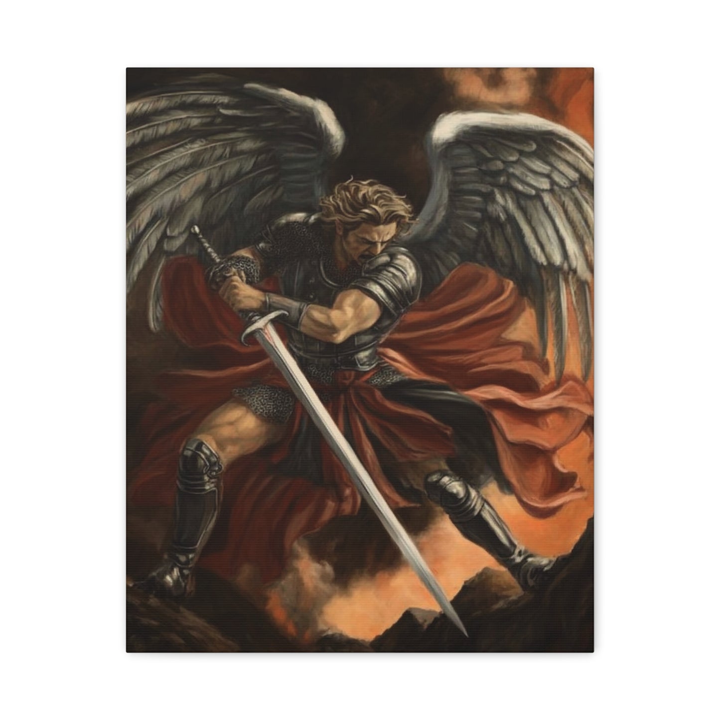 Archangel Michael fights evil Canvas Print, Catholic Decor Wall, Gift Religious Christian