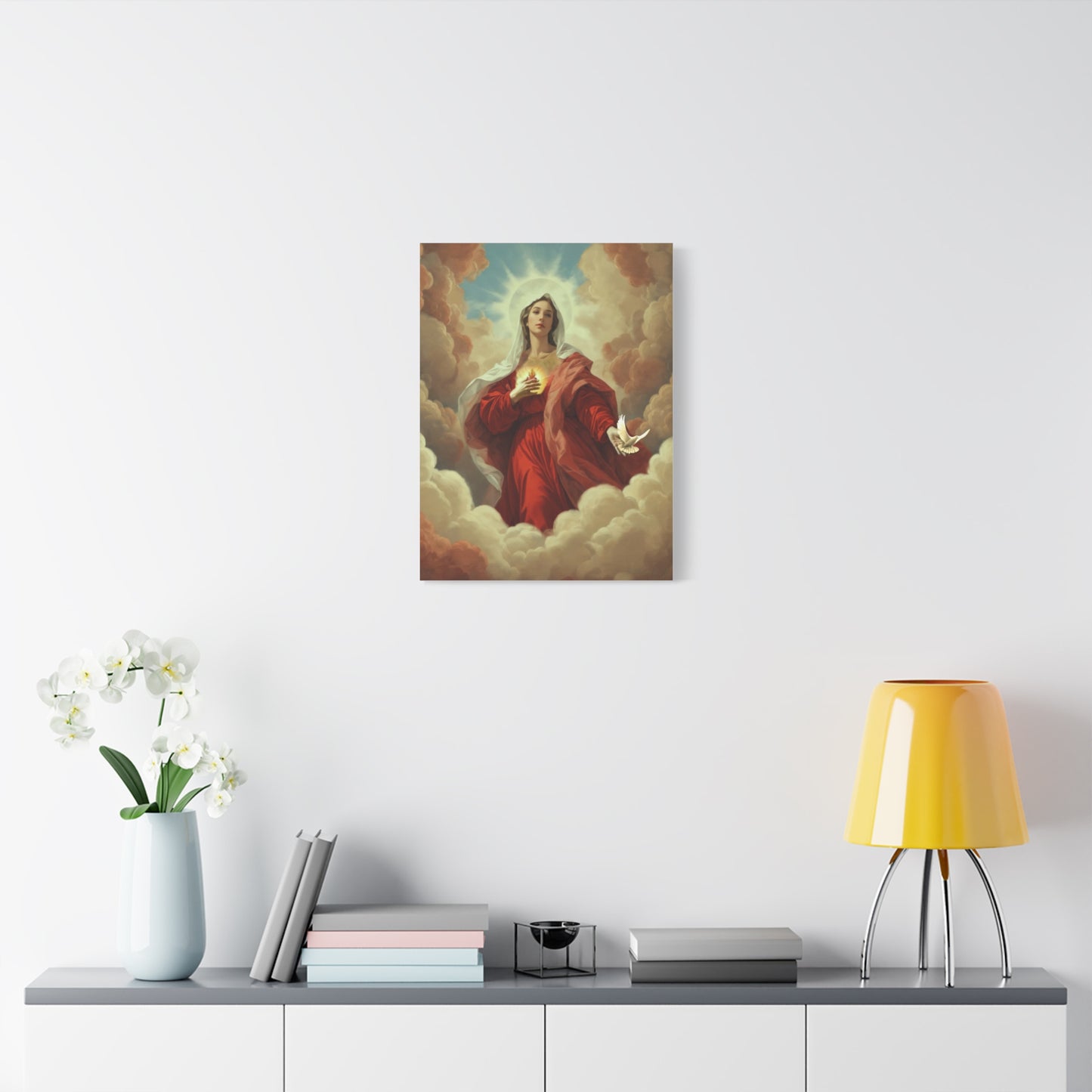 Mother Mary with Dove Heaven Catholic Canvas Wall Art, Christian Decor