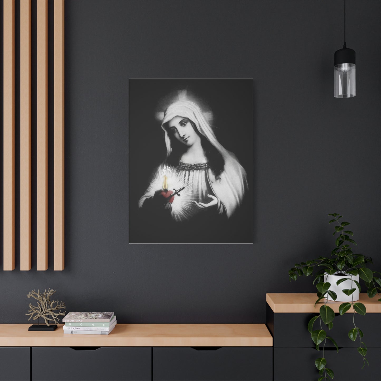 Ready To Hang - Mother Mary Immaculate Heart Catholic Sorrowful Mary Canvas Wall Art, Christian Decor Black and White