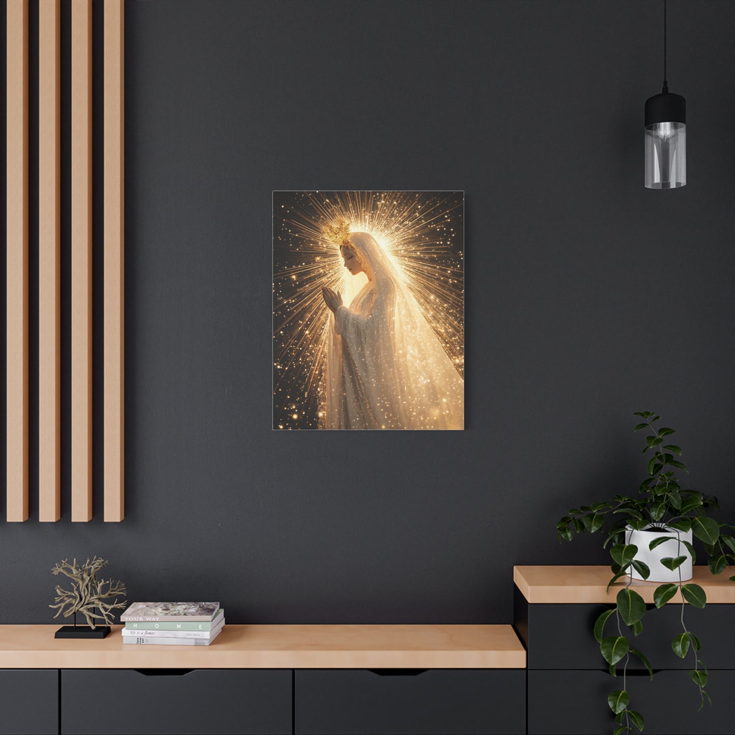 Mother Mary Starry Night Sky Catholic Canvas Wall Art, Christian Decor