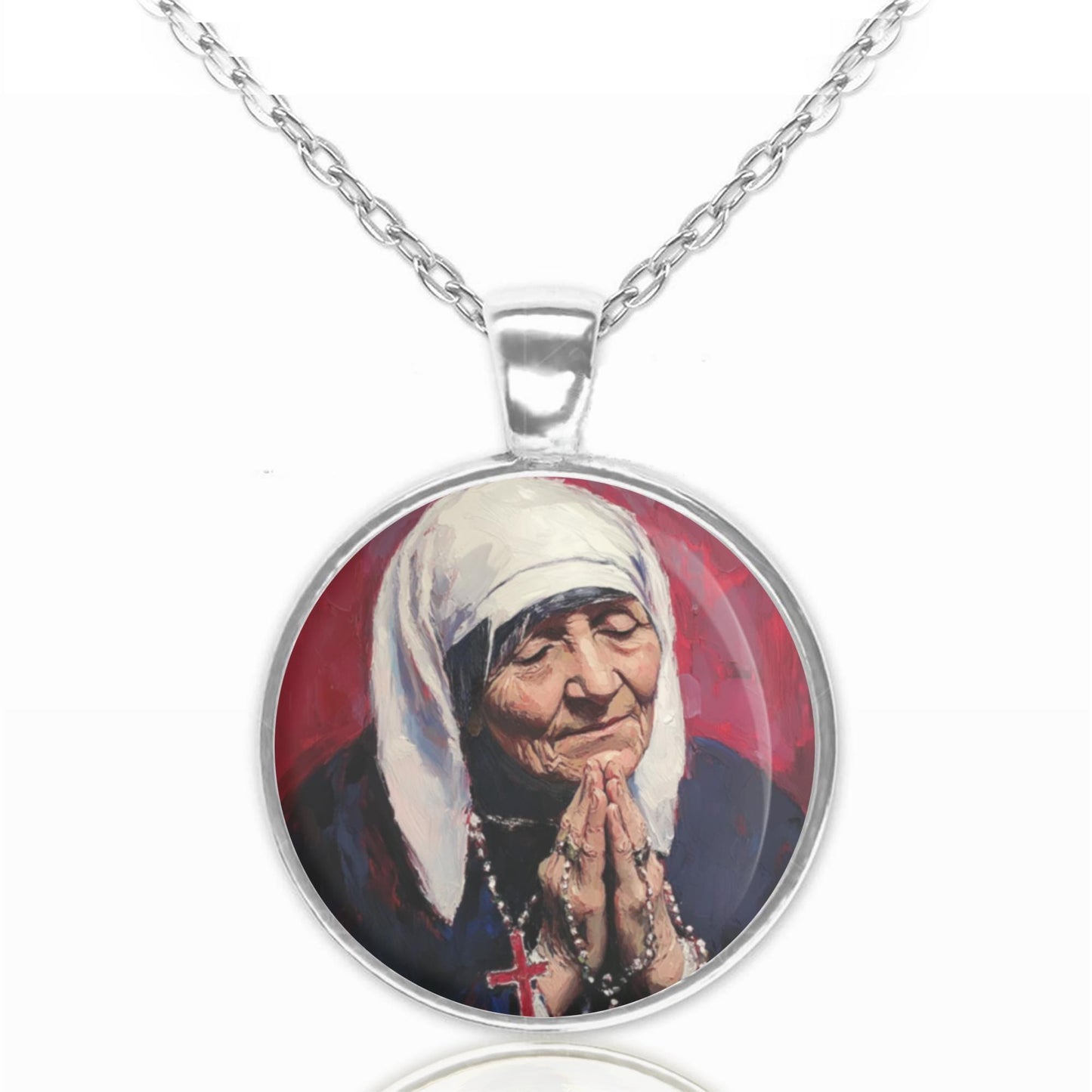 Blessed Mother Teresa Necklace Medal | Oil Painted Style Patron Pendant Religious Christian Jewelry