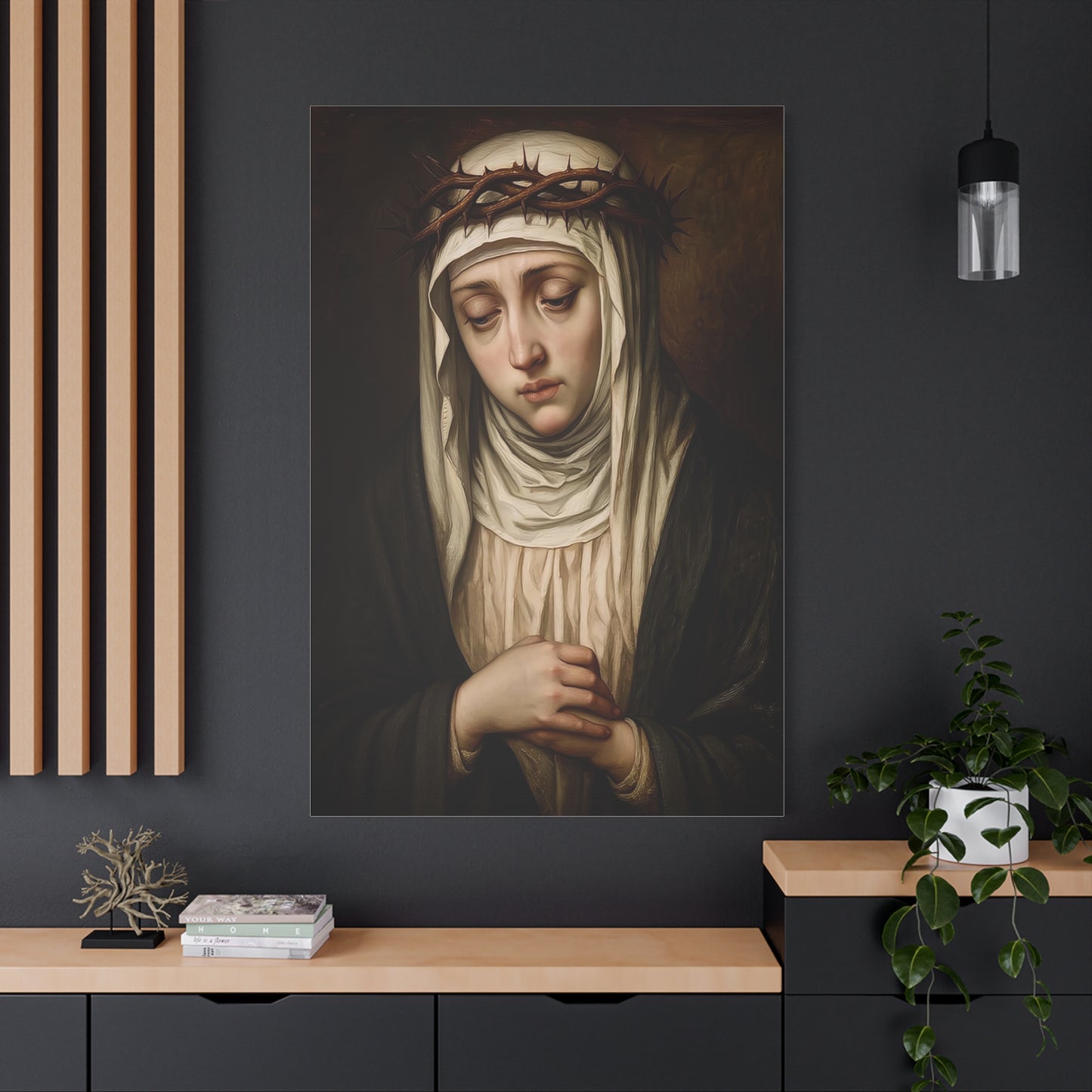 St. Catherine of Siena with Crown of Thorns Catholic Canvas Wall Art, Christian Decor