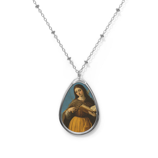 St Agatha Necklace Drop Oval Pendant Silver Tone Medal