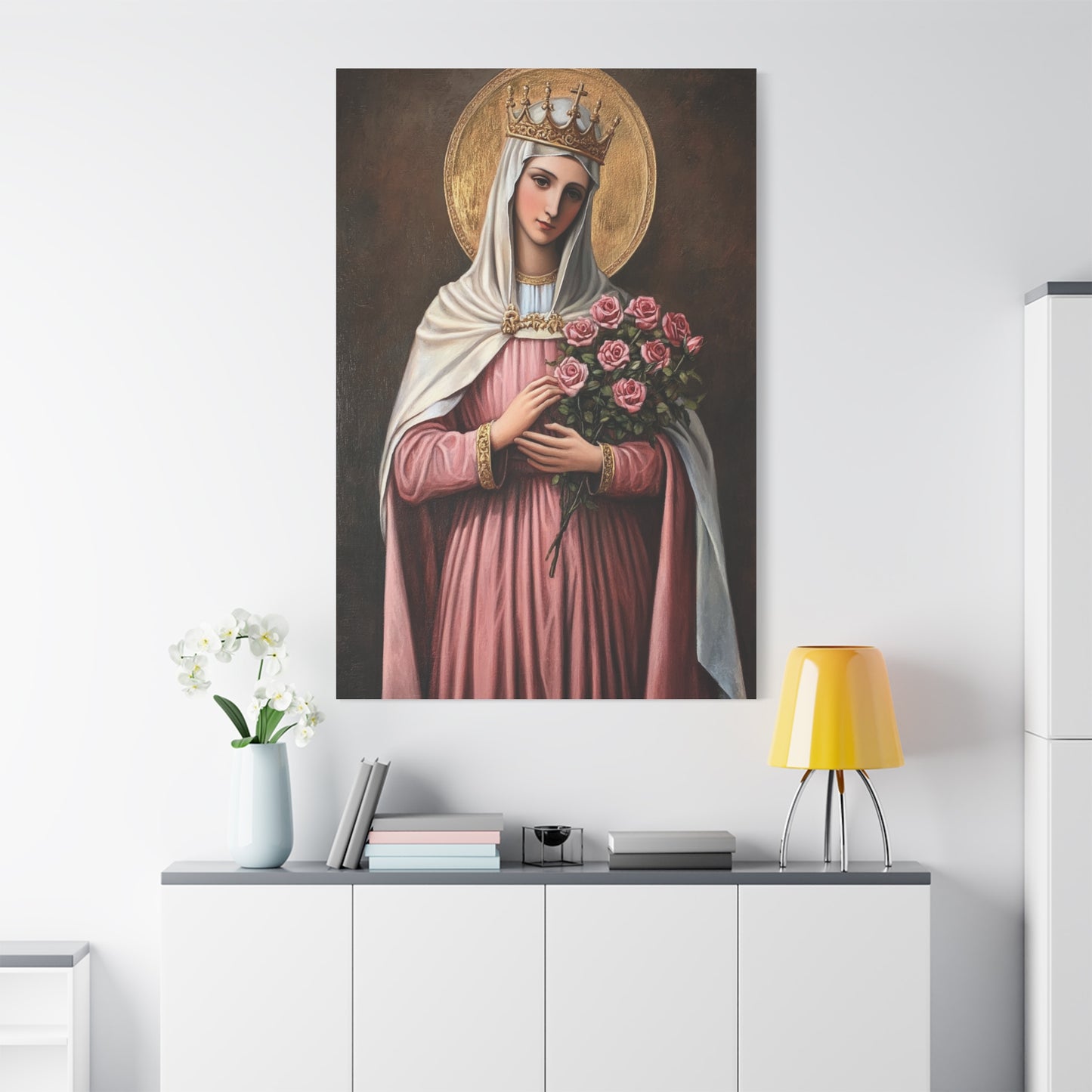 St. Elizabeth of Hungary with Roses Catholic Canvas Wall Art, Christian Decor
