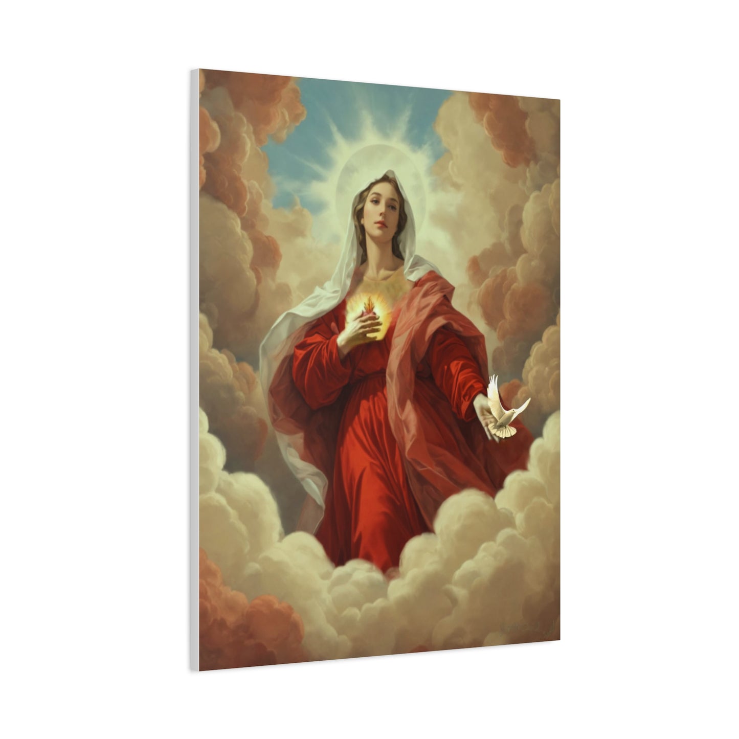 Mother Mary with Dove Heaven Catholic Canvas Wall Art, Christian Decor