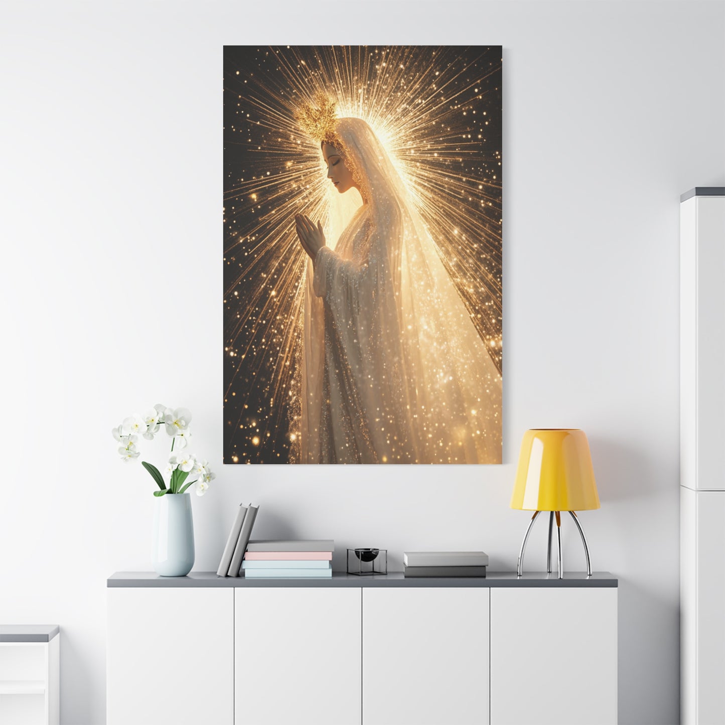 Mother Mary Starry Night Sky Catholic Canvas Wall Art, Christian Decor