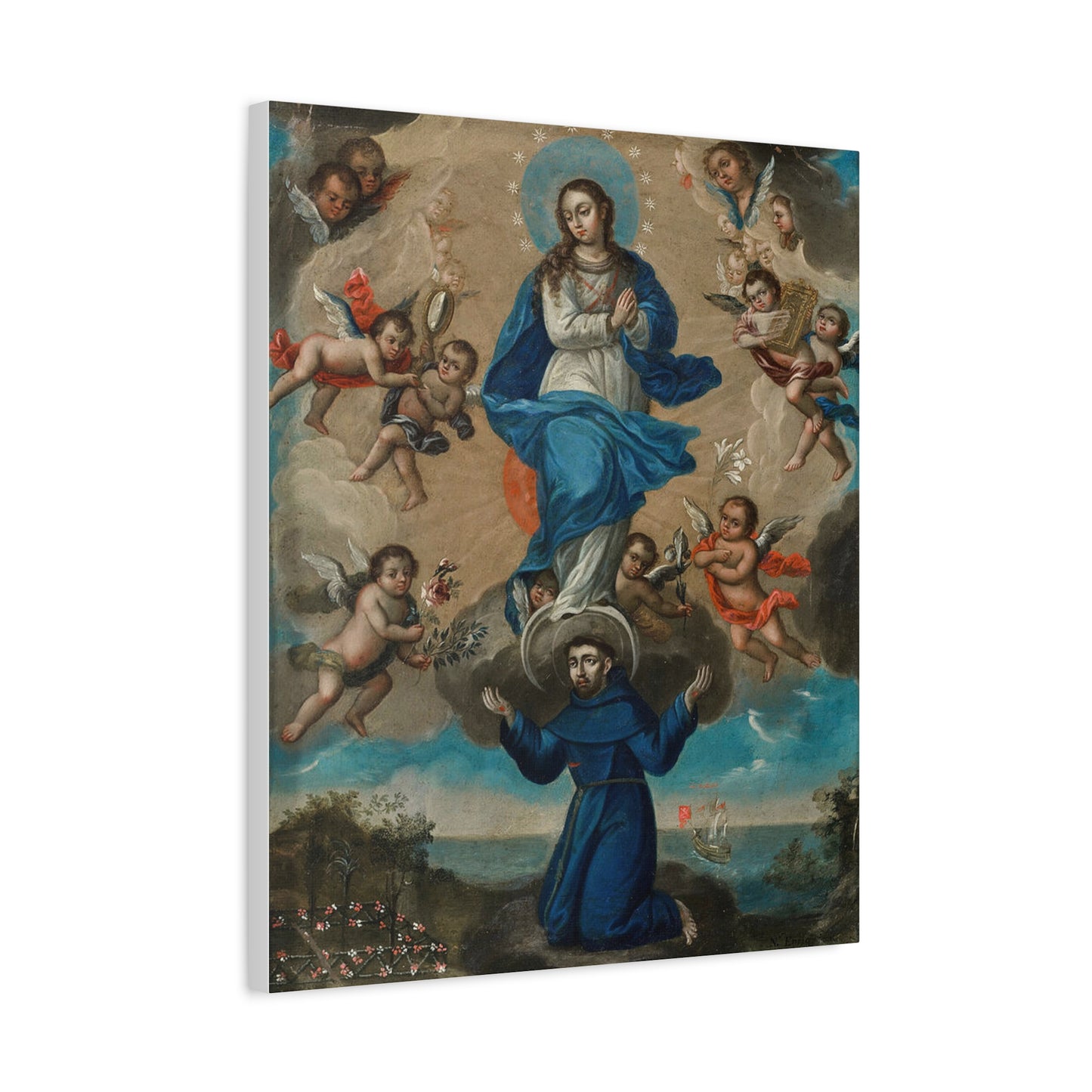 Immaculate Conception with Saint Francis and Angels Catholic HQ Print on Canvas Ready To Hang - Virgin Mary Canvas