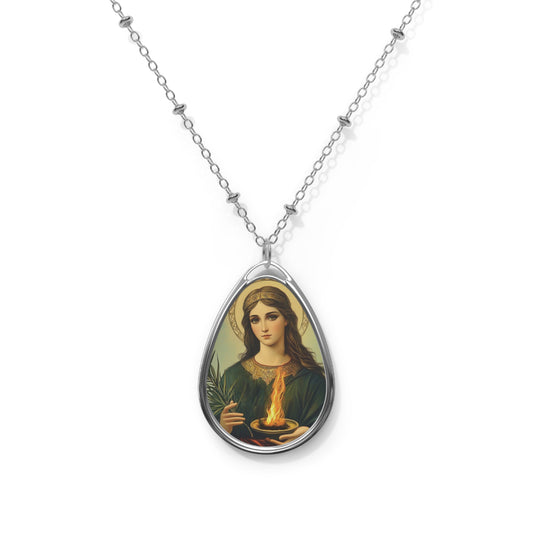 Saint Agatha Necklace Drop Oval Pendant Silver Tone Medal
