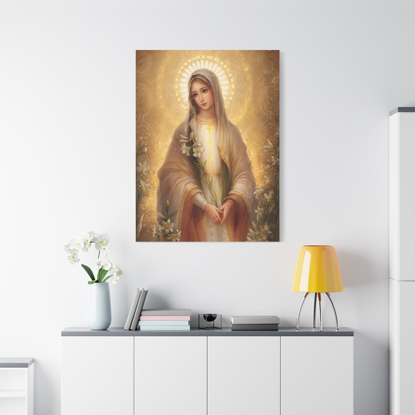 Ready to Hang - Mother Mary Our Lady of the Lilies Catholic Canvas Wall Art, Christian Decor