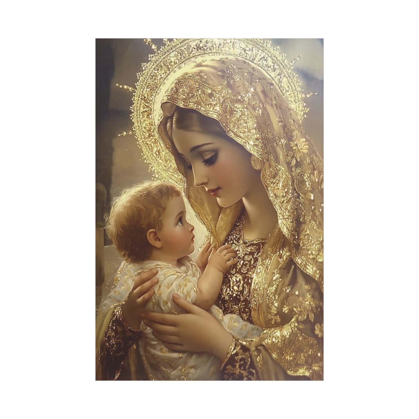 Mary and Baby in Gold Catholic Canvas Wall Art, Christian Decor
