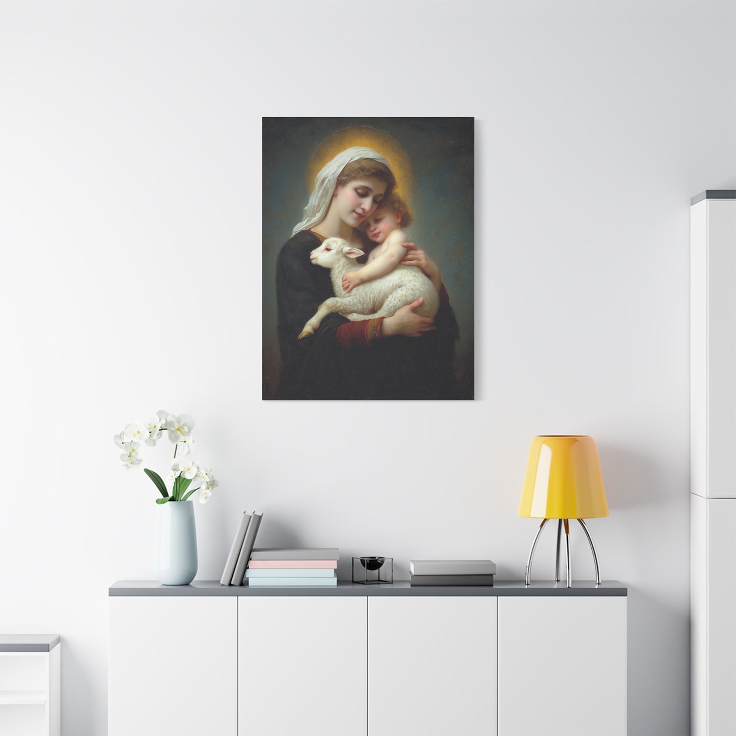 Mother Mary with Baby Jesus and Lamb Catholic Canvas Wall Art, Christian Decor