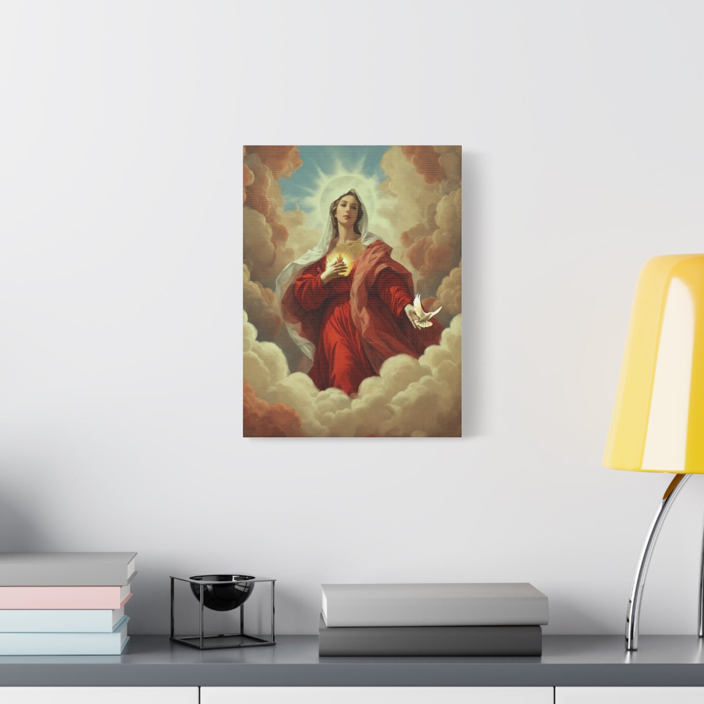 Mother Mary with Dove Heaven Catholic Canvas Wall Art, Christian Decor