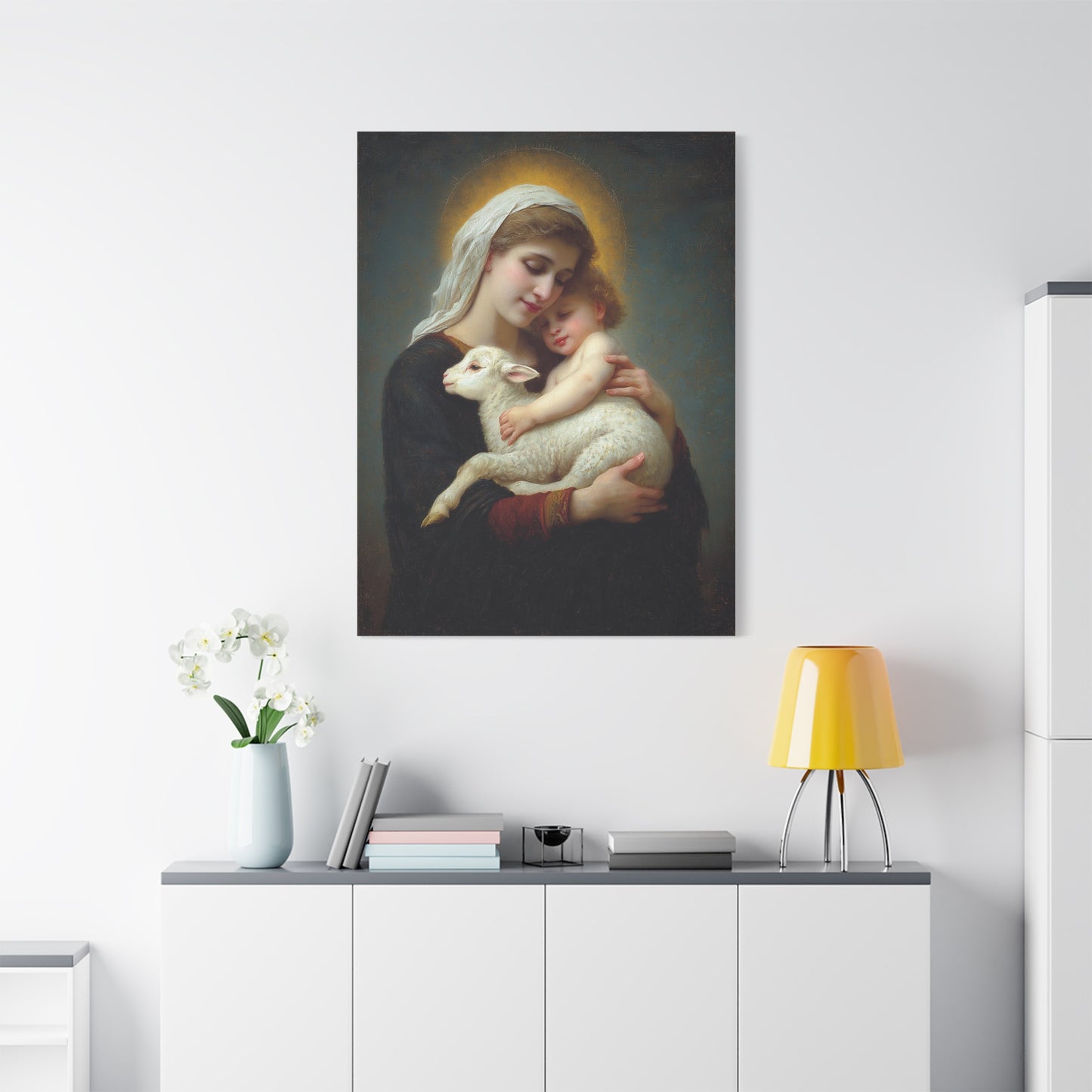 Mother Mary with Baby Jesus and Lamb Catholic Canvas Wall Art, Christian Decor