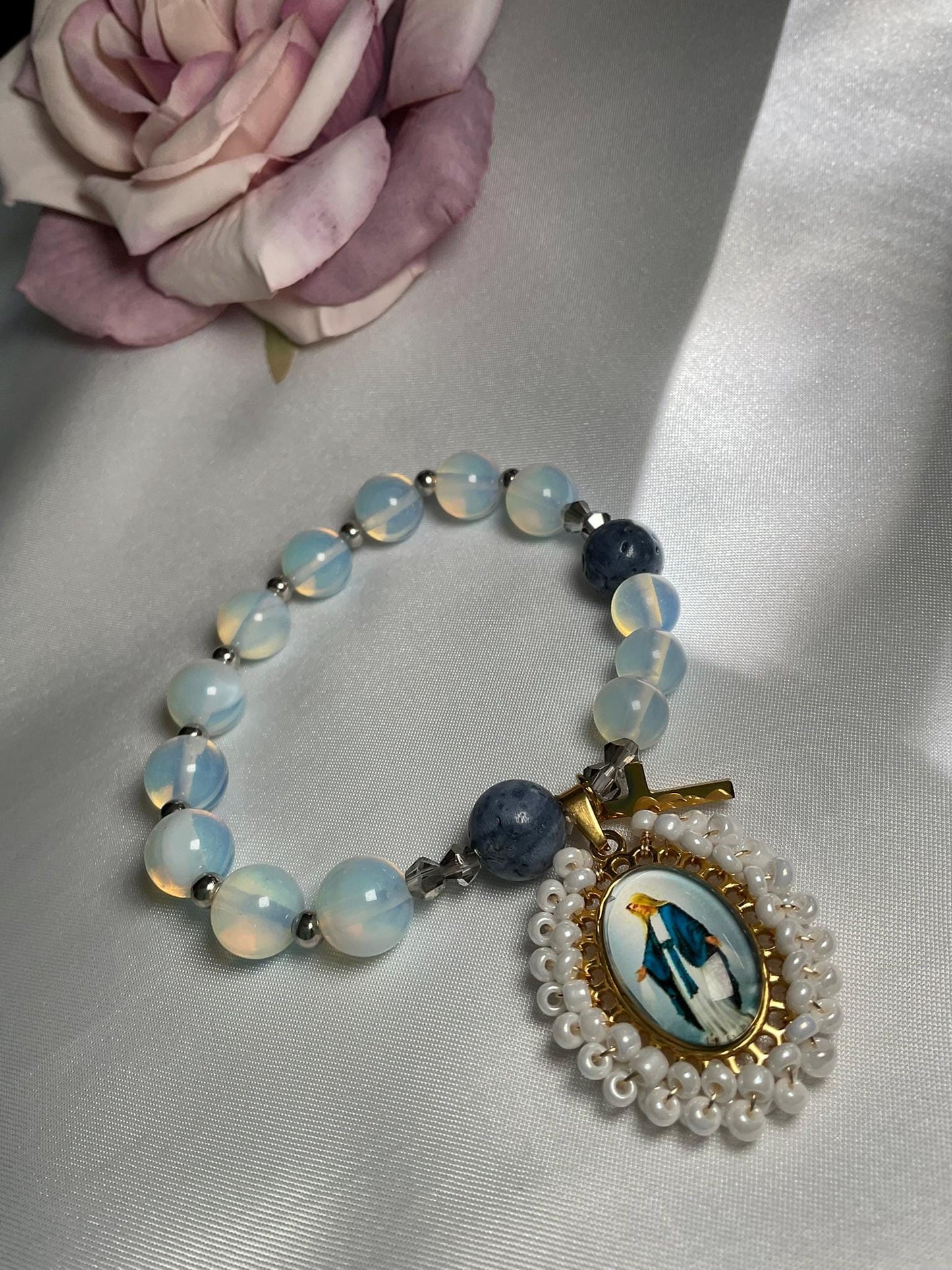 Rosary bracelet Decade Catholic Our Lady of Grace medal and Cross - Blue Coral and Opalite Beads