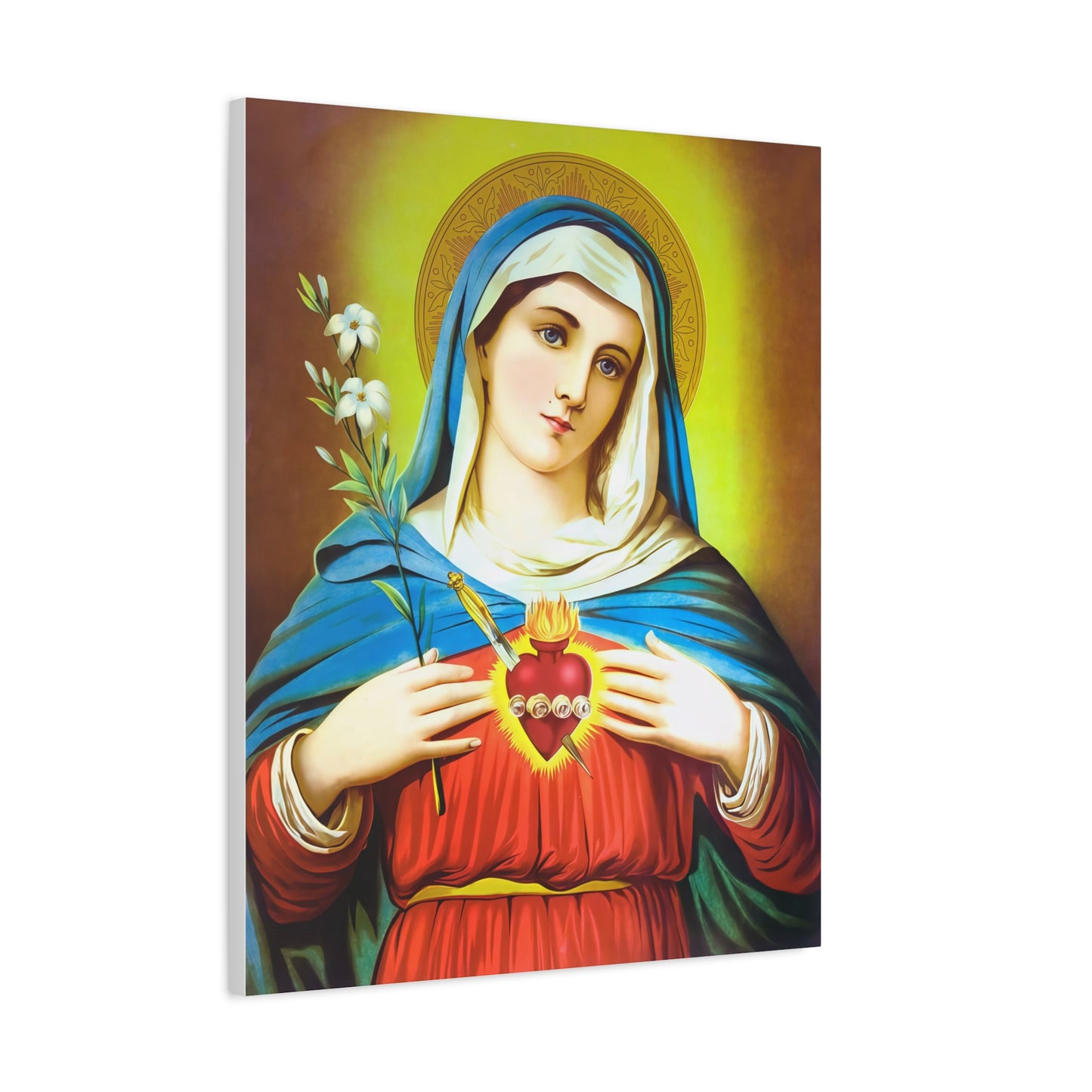 Ready To Hang - Mother Mary Immaculate Heart and Lilies Catholic Canvas Wall Art, Christian Decor