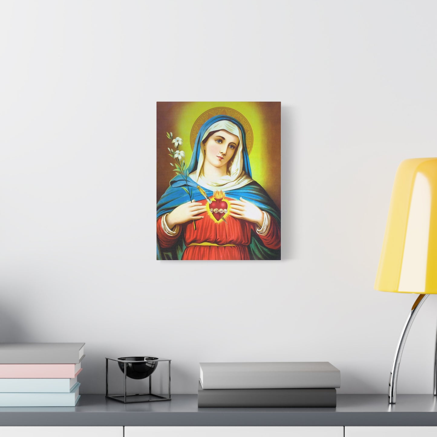 Ready To Hang - Mother Mary Immaculate Heart and Lilies Catholic Canvas Wall Art, Christian Decor