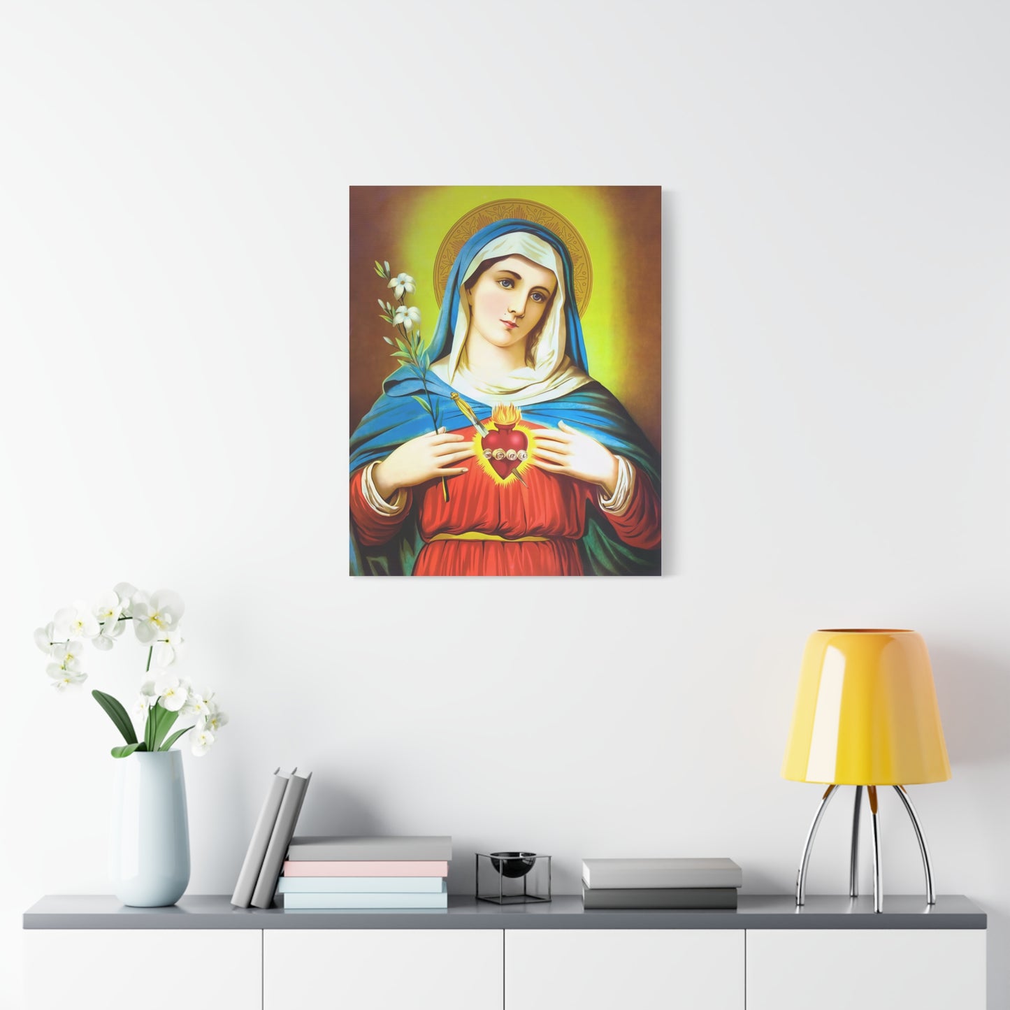 Ready To Hang - Mother Mary Immaculate Heart and Lilies Catholic Canvas Wall Art, Christian Decor