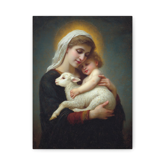 Mother Mary with Baby Jesus and Lamb Catholic Canvas Wall Art, Christian Decor