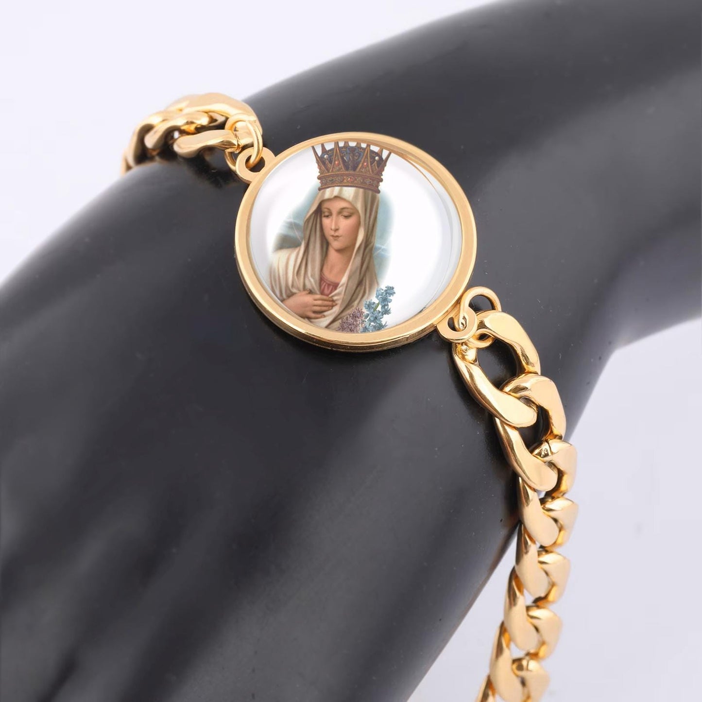 Our Lady Prayer Curb Bracelet Gold or Silver tone Religious Jewelry Simple Chain